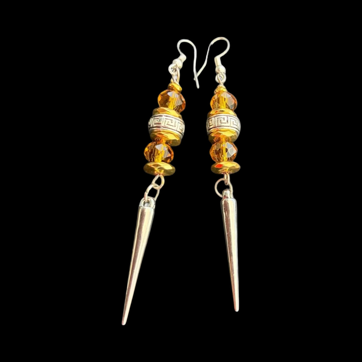 Golden Amber Crystal & Silver Spike Dangle Earrings