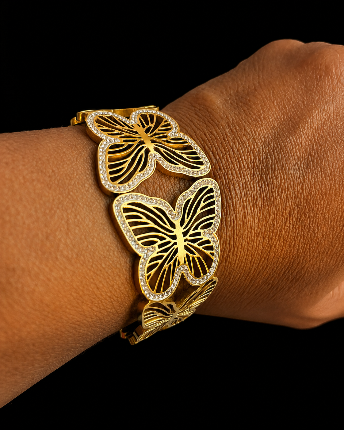 Golden Butterfly Hinged Bangle Cuff Bracelet with Crystal Accents