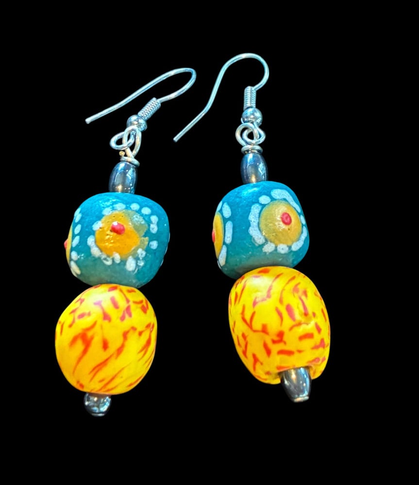 Handcrafted African Glass Bead Earrings – Teal & Golden Yellow