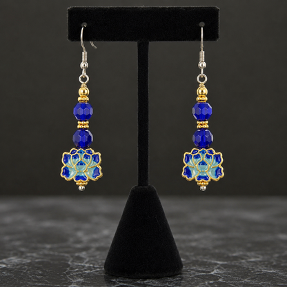 Blue Lotus Elegance Cobalt Blue Faceted & Gold Floral Artisan Earrings