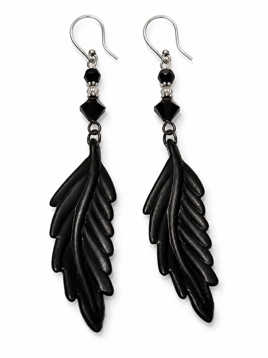 Midnight Feather Onyx Black Crystal Dangle Earrings