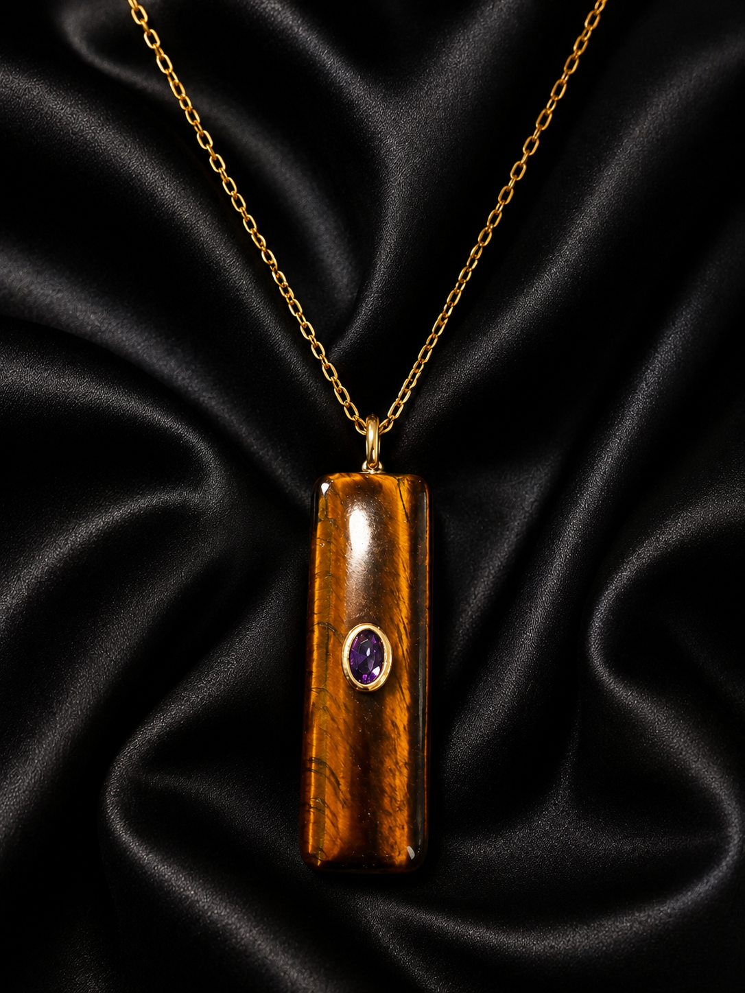 Tiger's Eye & Purple Crystal Handcrafted Statement Pendant