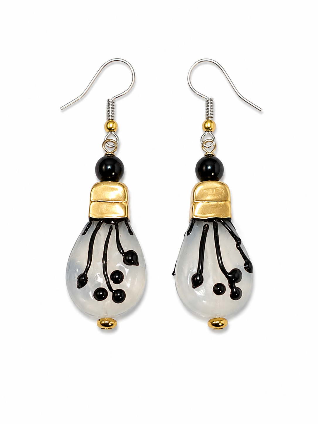 Midnight Pearl Lampwork Glass Black & Gold Artisan Earrings