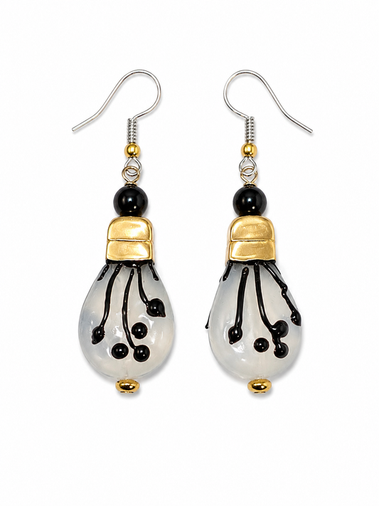 Midnight Pearl Lampwork Glass Black & Gold Artisan Earrings
