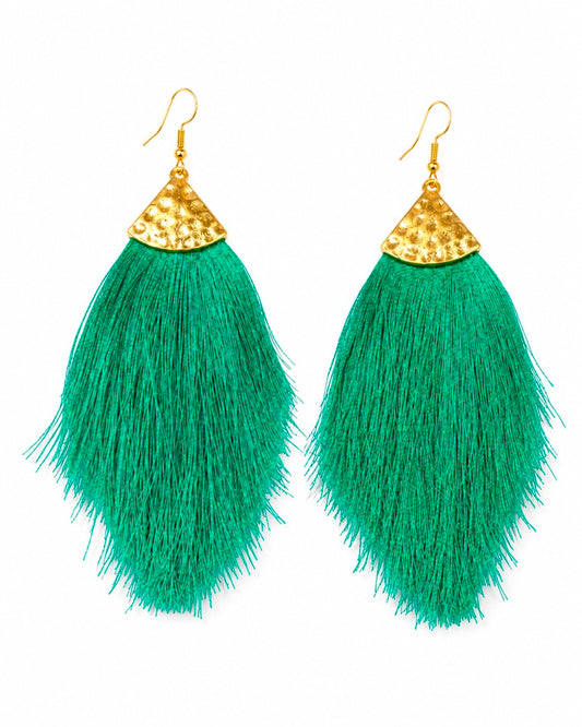 Palm Paradise Emerald Green Tassel Statement Earrings
