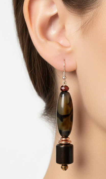 Autumn Bloom Agate & Copper Barrel Bead Drop Earrings