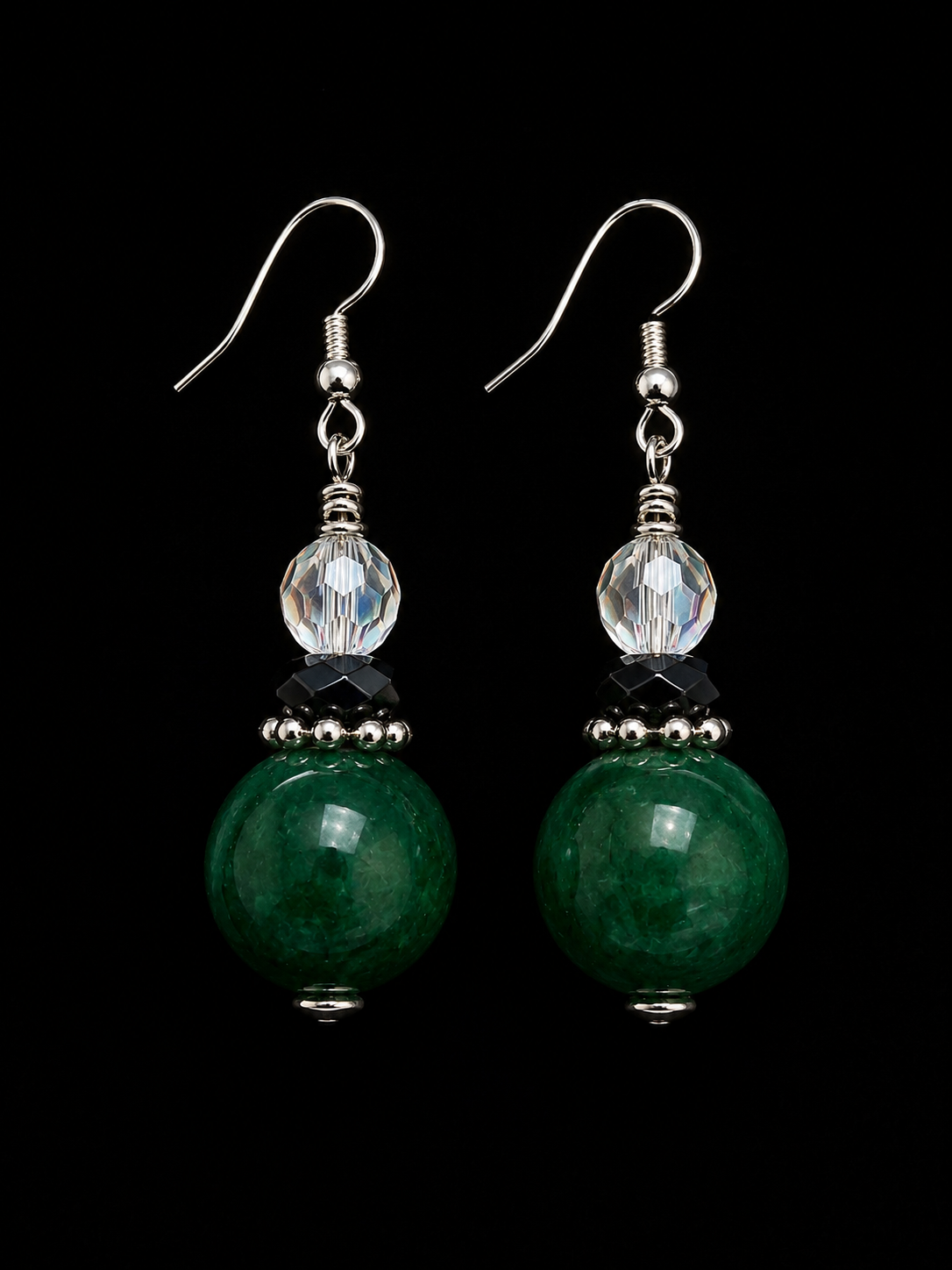 Emerald Radiance Jade Green Crystal & Silver Artisan Earrings