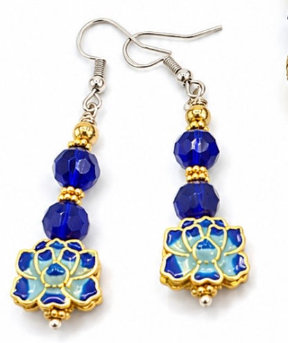 Blue Lotus Elegance Cobalt Blue Faceted & Gold Floral Artisan Earrings