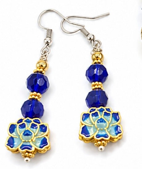 Blue Lotus Elegance Cobalt Blue Faceted & Gold Floral Artisan Earrings