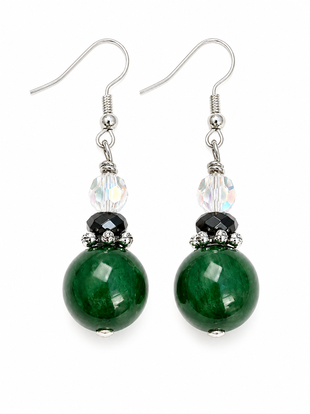 Emerald Radiance Jade Green Crystal & Silver Artisan Earrings