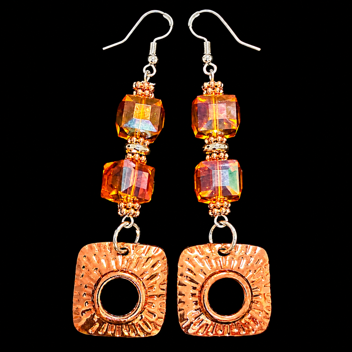 Amberglow Faceted Orange Crystal & Metallic Square Dangle Earrings