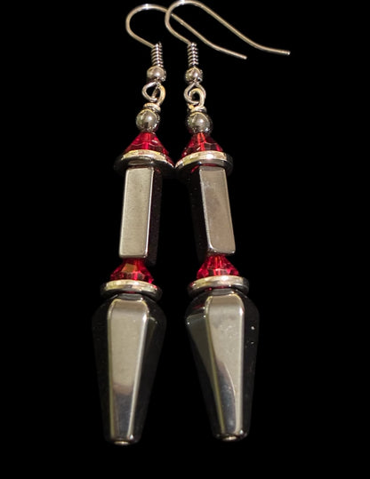 Red Crystal & Gunmetal Hematite Geometric Dangle Earrings