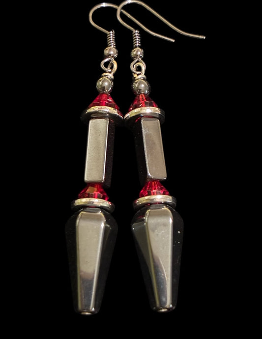 Red Crystal & Gunmetal Hematite Geometric Dangle Earrings