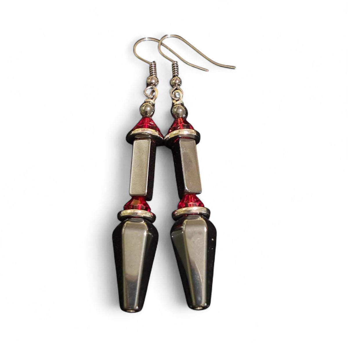 Red Crystal & Gunmetal Hematite Geometric Dangle Earrings