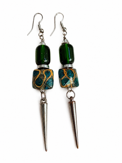 Emerald Mosaic Spike Lampwork Glass & Silver Drop Earrings