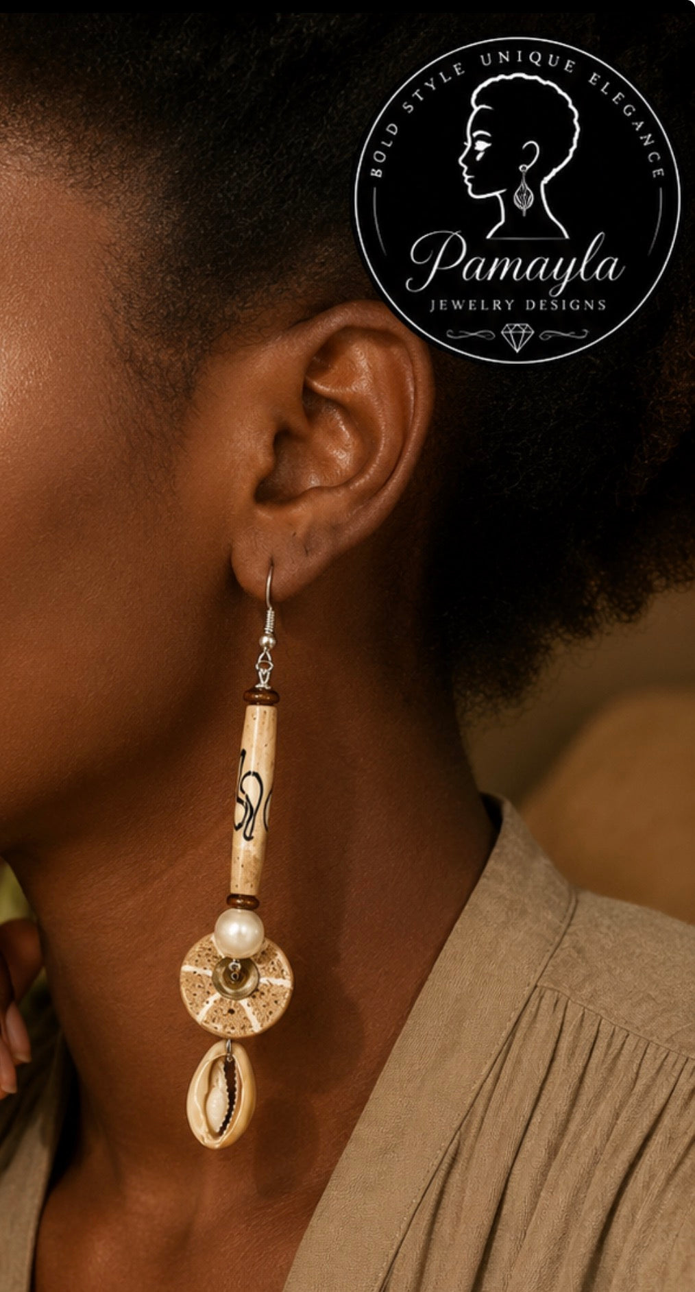 Ancestral Grace Carved Wood & Cowrie Shell Statement Earrings