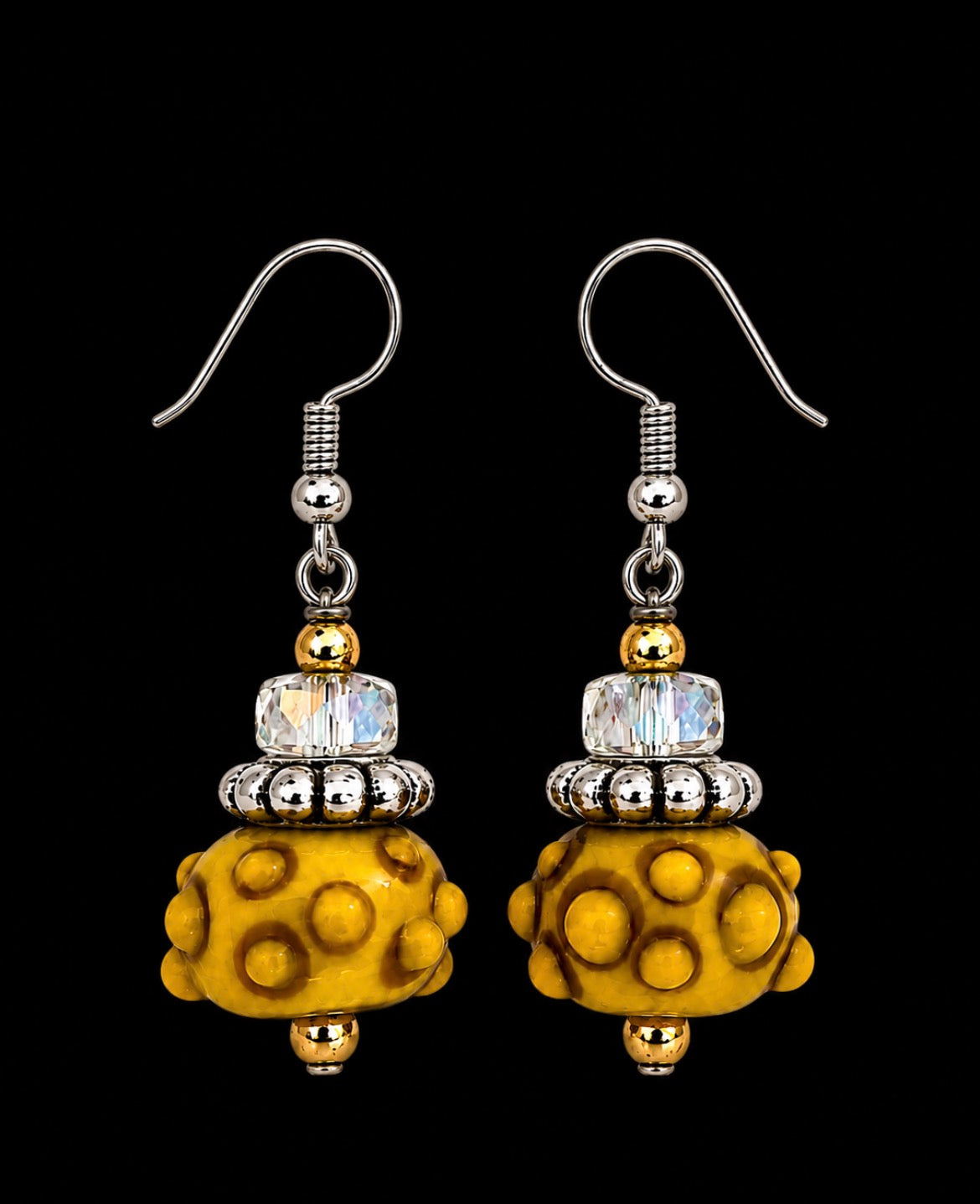 Golden Dot Drops Honey Bead & Crystal Artisan Earrings