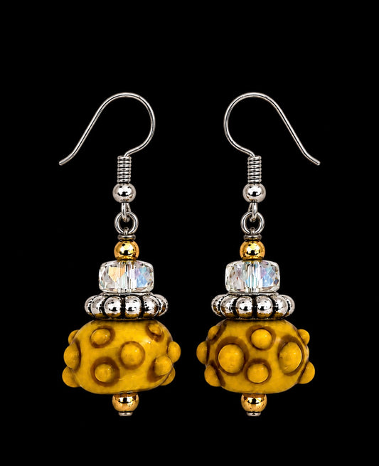 Golden Dot Drops Honey Bead & Crystal Artisan Earrings