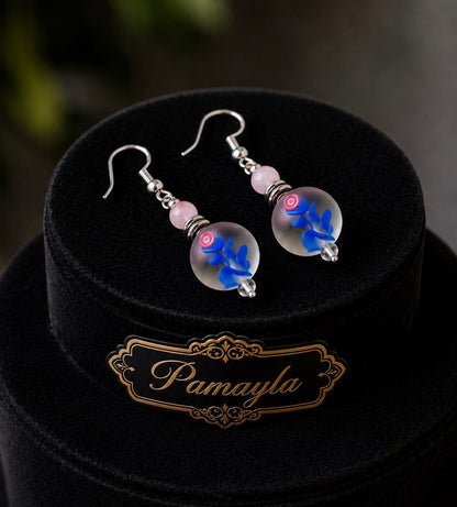 Blue Whisper Frost Floral Glass & Lavender Crystal Artisan Earrings
