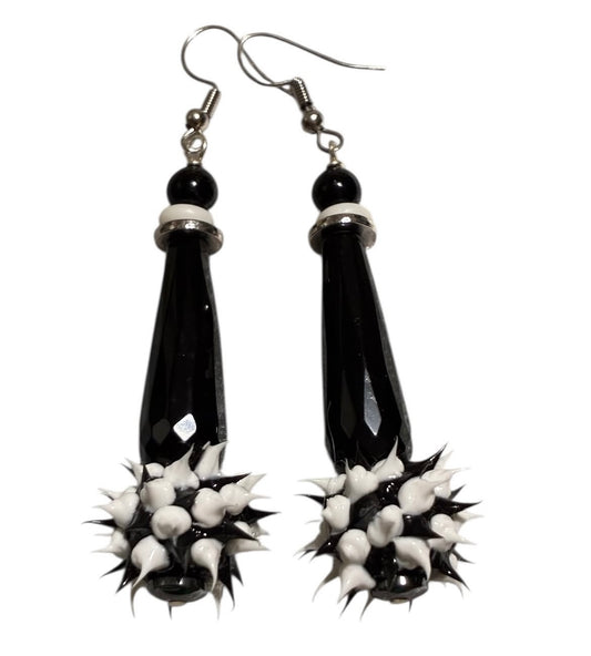 Black & White Spiky Lampwork Dangle Earrings