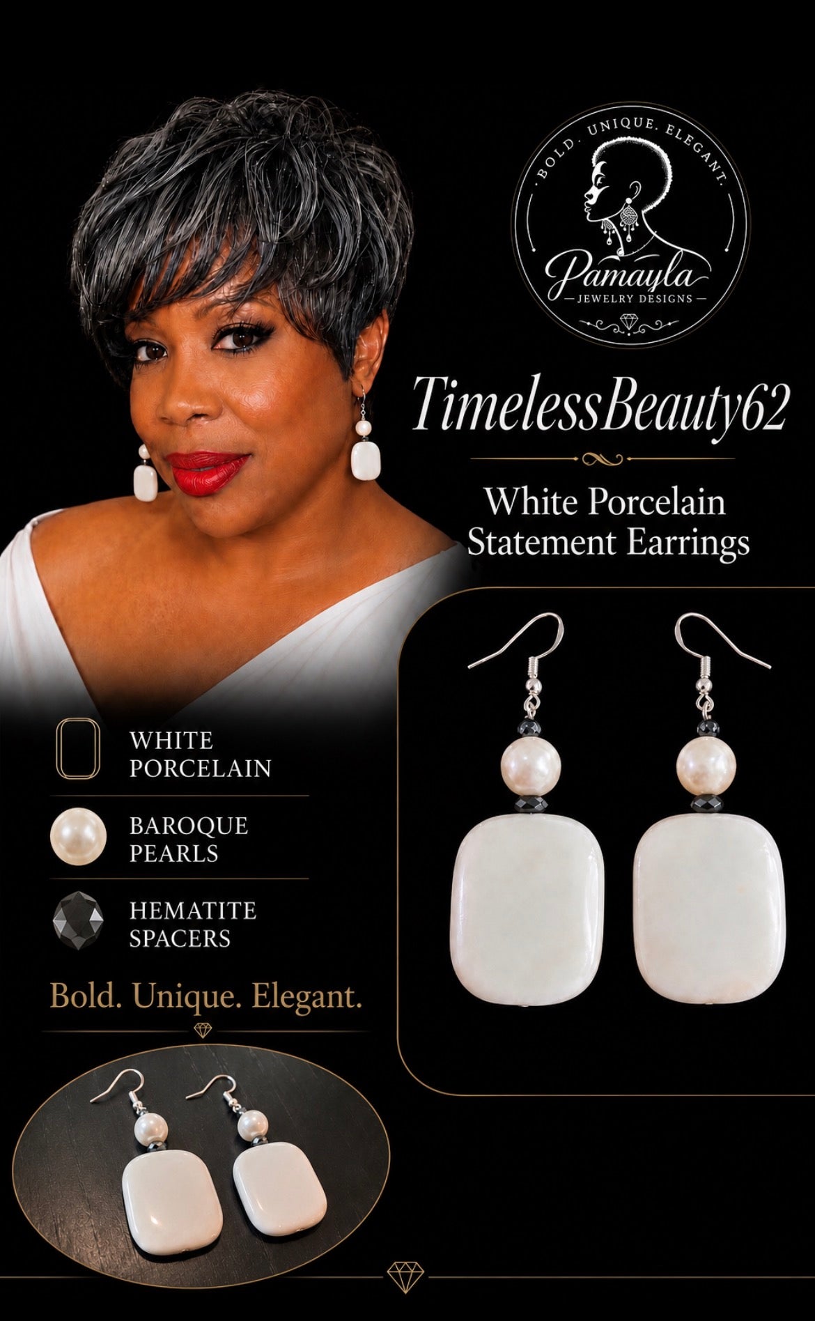 White Porcelain & Baroque Pearl Hematite Statement Earrings