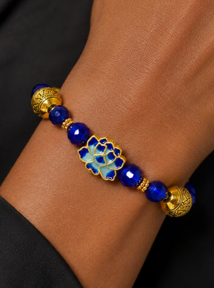 Blue Lotus Elegance Cobalt Blue & Antique Gold Artisan Stretch Bracelet
