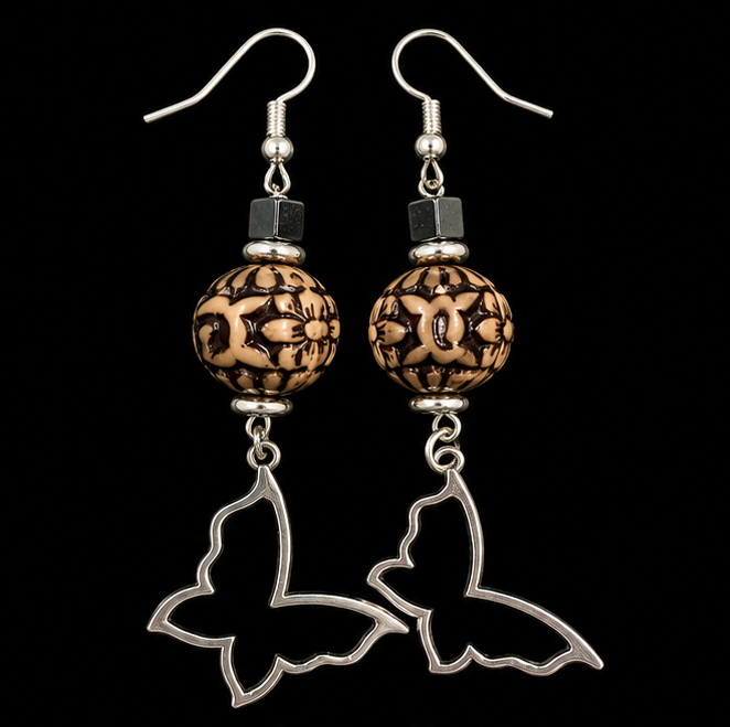 Butterfly Grace Carved Bead & Silver Butterfly Earrings