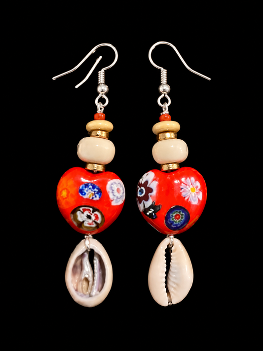 Handcrafted Red Millefiori Heart & Cowrie Shell Drop Earrings
