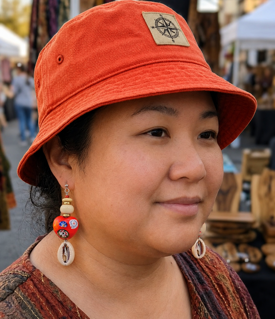 Handcrafted Red Millefiori Heart & Cowrie Shell Drop Earrings
