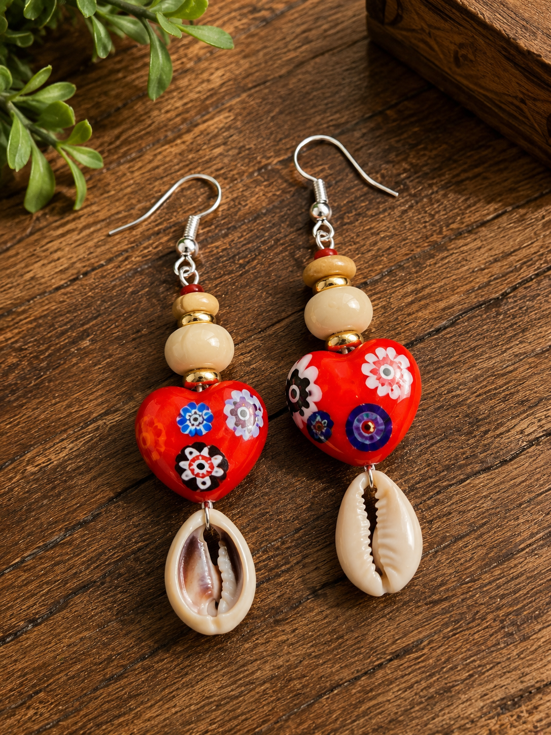 Handcrafted Red Millefiori Heart & Cowrie Shell Drop Earrings
