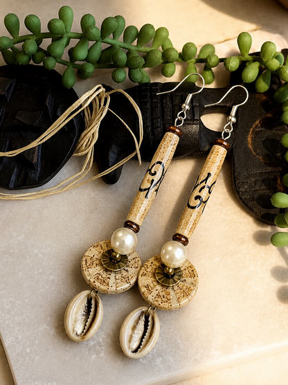 Ancestral Grace Carved Wood & Cowrie Shell Statement Earrings