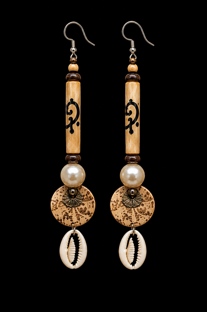 Ancestral Grace Carved Wood & Cowrie Shell Statement Earrings