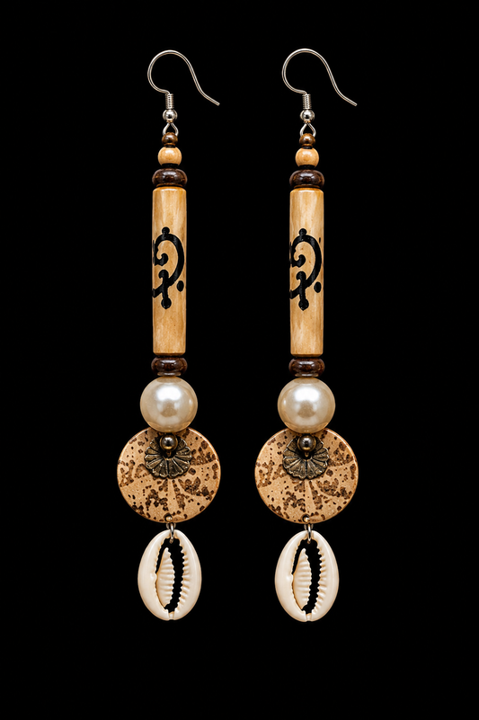 Ancestral Grace Carved Wood & Cowrie Shell Statement Earrings