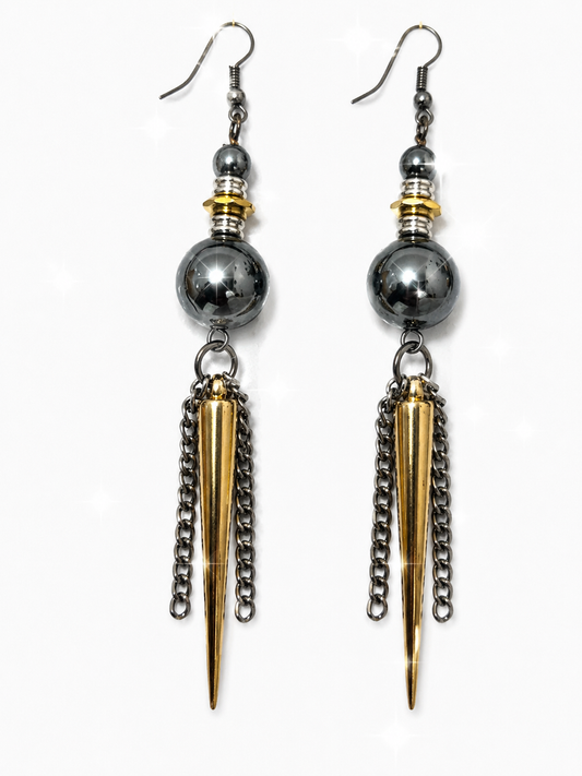 Steel Spike Chained Hematite Statement Earrings