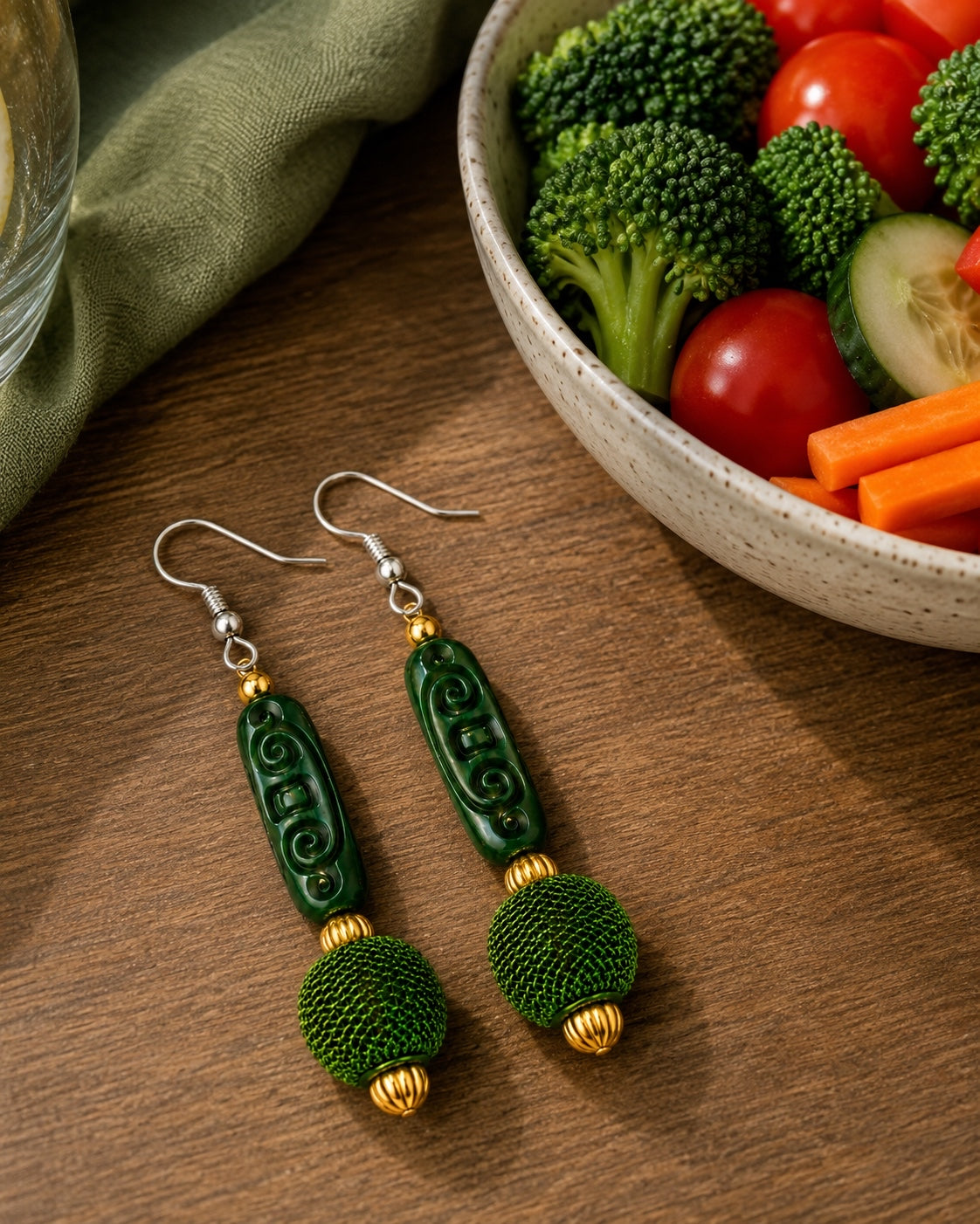 Avocado Green Harmony Carved Artisan Statement Earrings