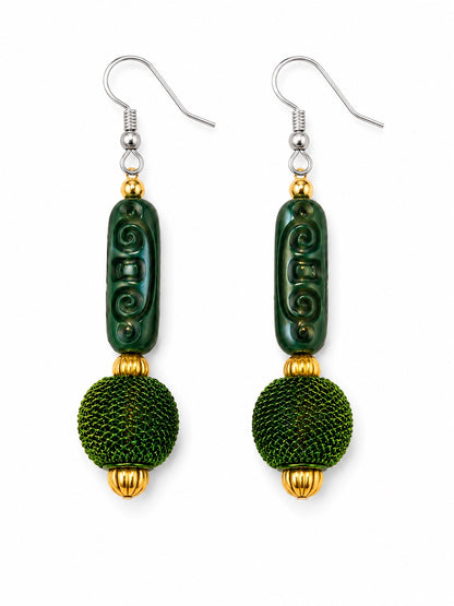 Avocado Green Harmony Carved Artisan Statement Earrings