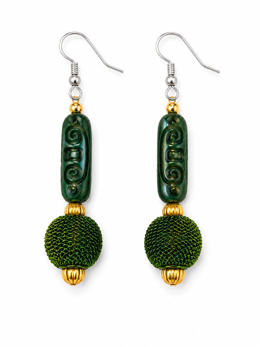 Avocado Green Harmony Carved Artisan Statement Earrings