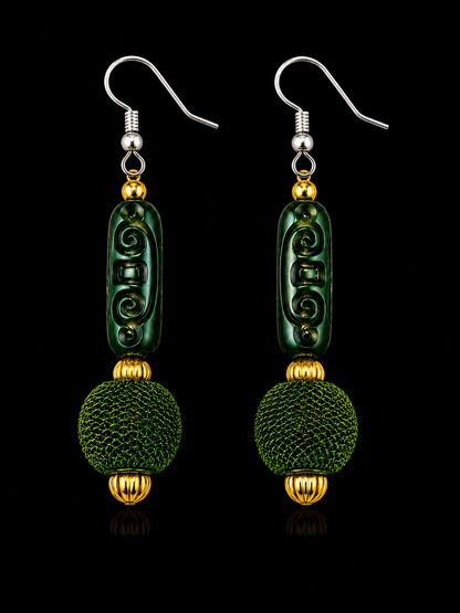 Avocado Green Harmony Carved Artisan Statement Earrings