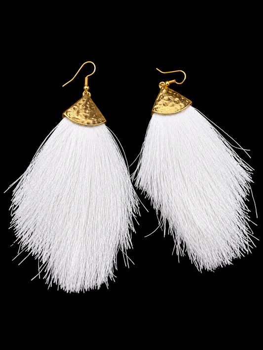 Pure Elegance White Tassel Hammered Gold Statement Earrings