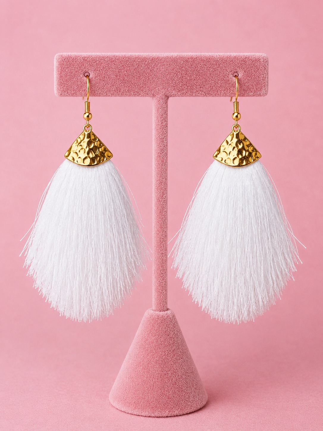 Pure Elegance White Tassel Hammered Gold Statement Earrings