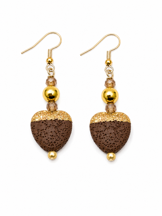 Lava Heart Natural Stone Crystal Gold Statement Earrings