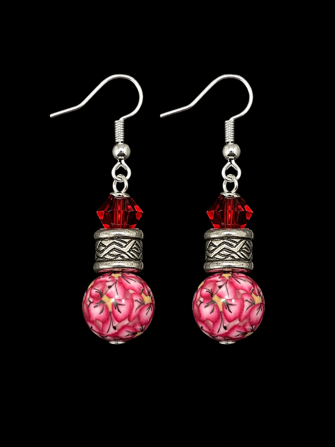 Ruby Passion Red Crystal & Artisan Bead Antique Silver Earrings