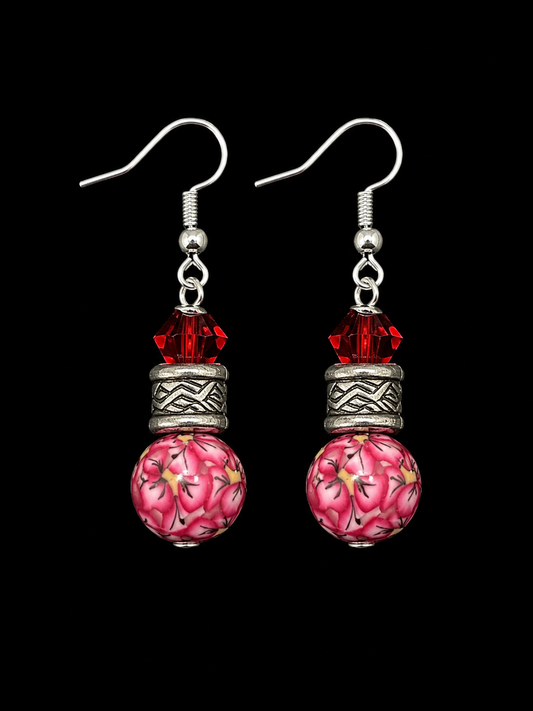 Ruby Passion Red Crystal & Artisan Bead Antique Silver Earrings