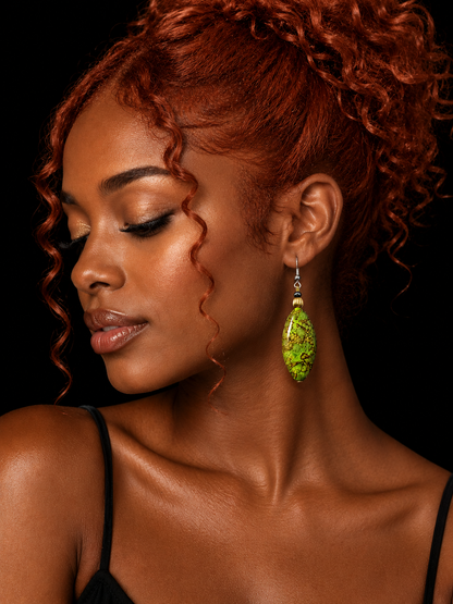 Avocado Green Marbled Artisan Crystal Statement Earrings