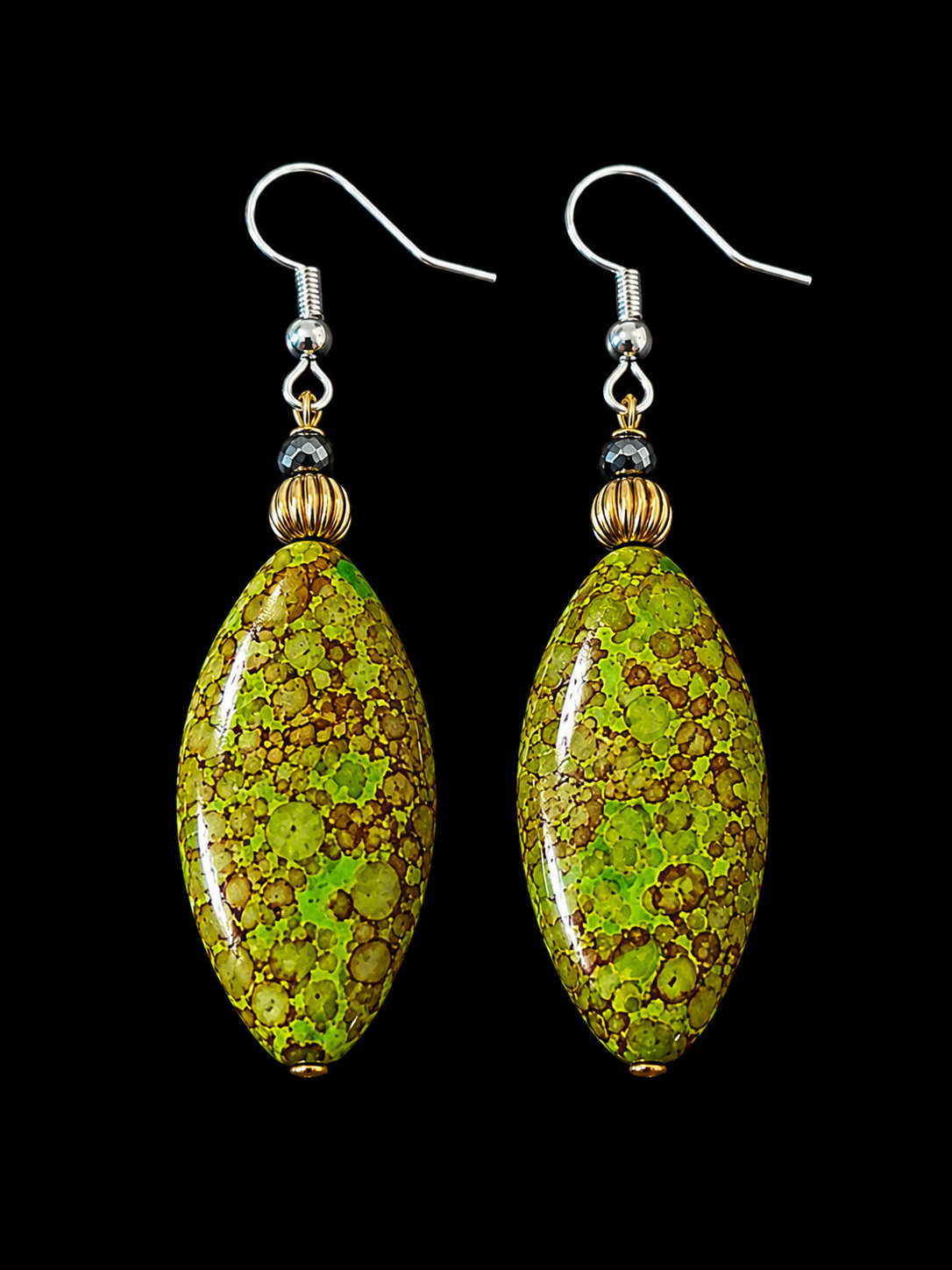 Avocado Green Marbled Artisan Crystal Statement Earrings