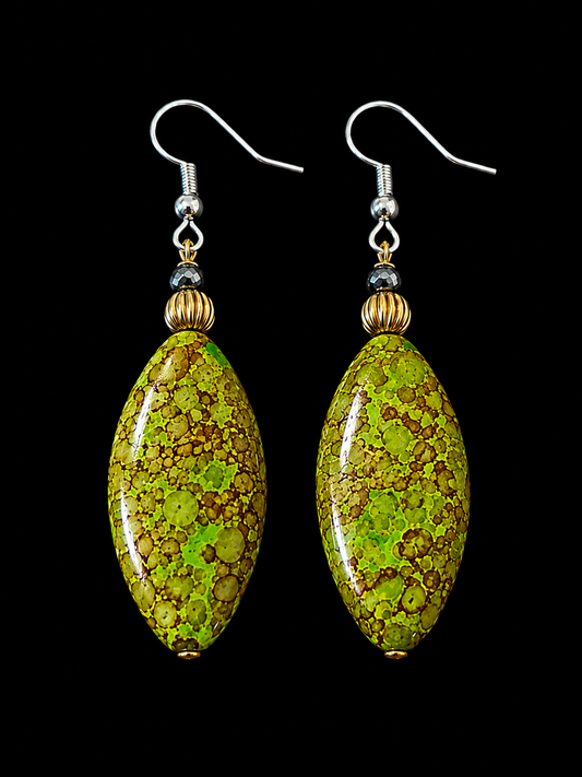 Avocado Green Marbled Artisan Crystal Statement Earrings