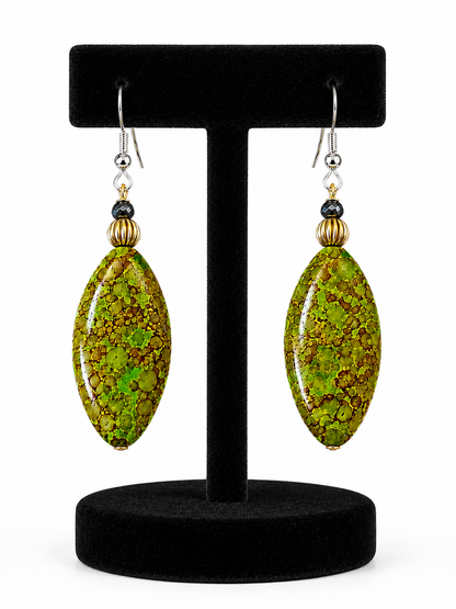 Avocado Green Marbled Artisan Crystal Statement Earrings