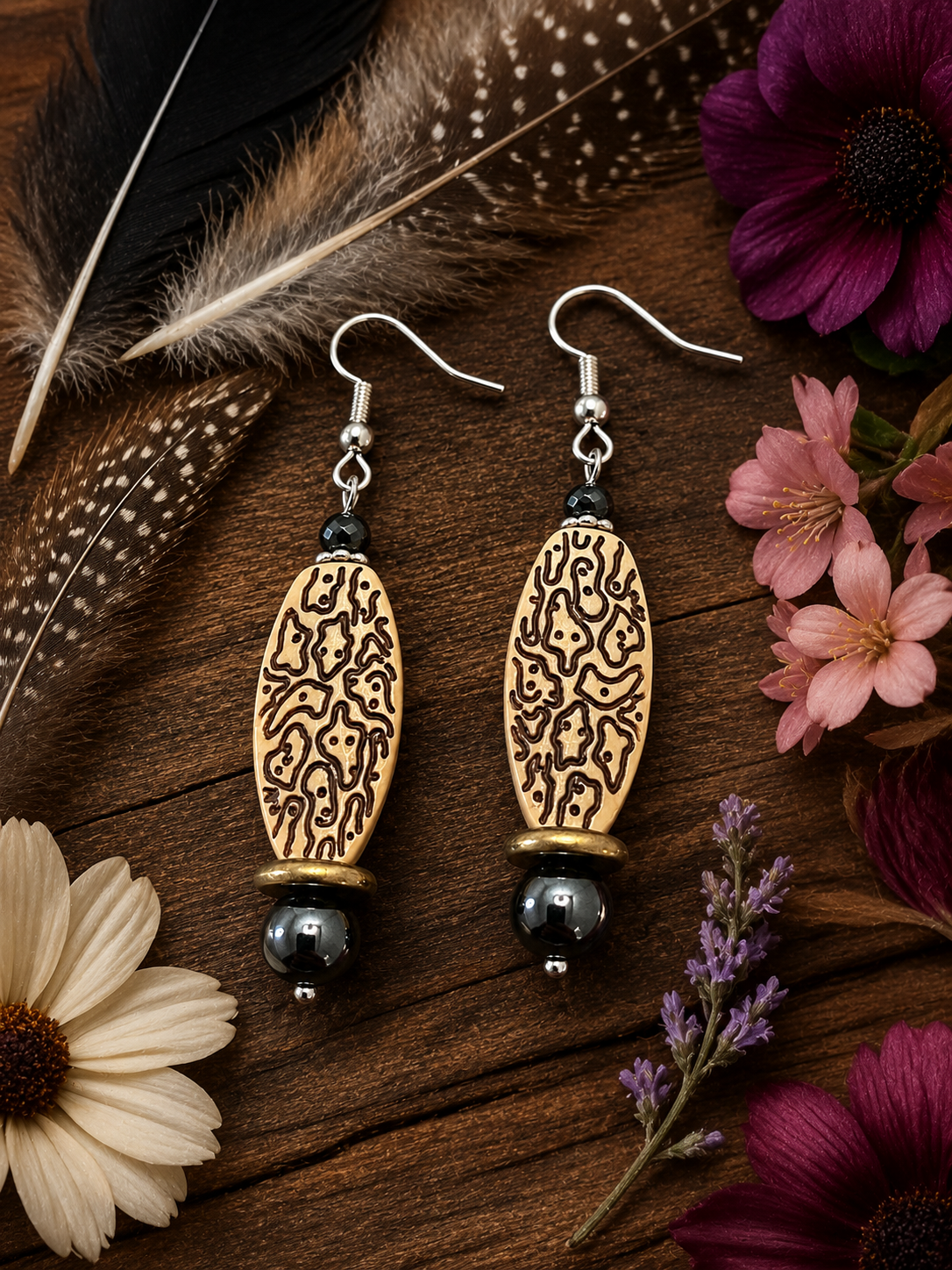 Cherokee Etched Wood & Hematite Tribal Artisan Earrings