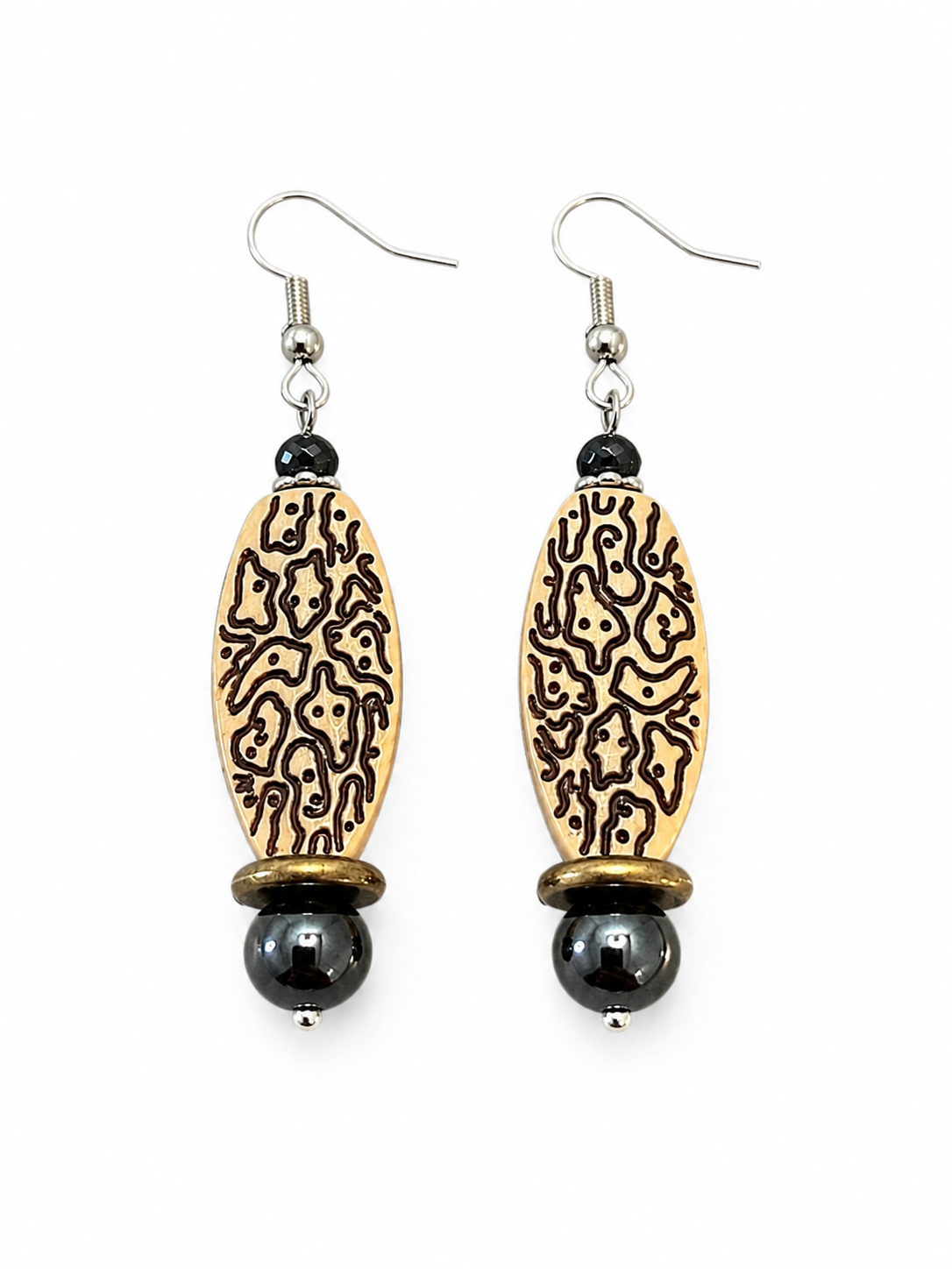 Cherokee Etched Wood & Hematite Tribal Artisan Earrings
