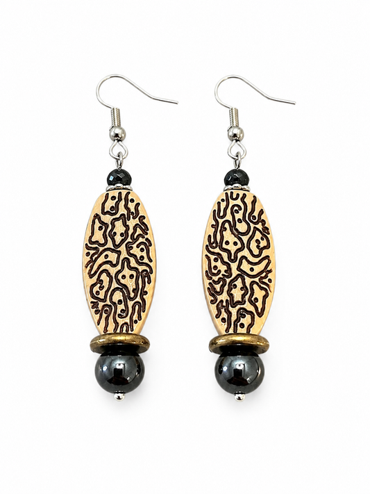 Cherokee Etched Wood & Hematite Tribal Artisan Earrings